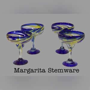 Set of 4 Mexican Hand-Blown Margarita Glasses, Clear/Blue/Yellow, Speckles